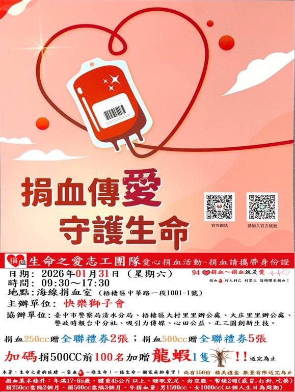 年節前血庫告急　1/31捐血 500cc 前 100 名送龍蝦助攻中台灣備血